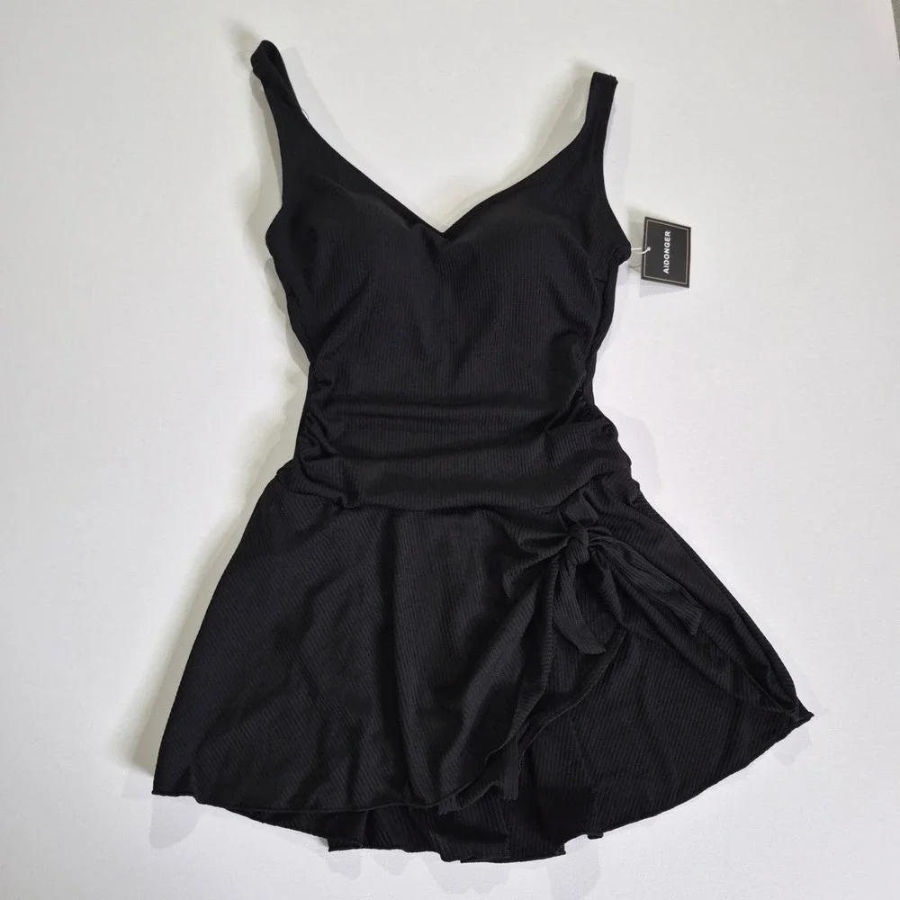 Aidonger Womens Black Ribbed One Piece Swim Dress V-Neck Side Tie Swimsuit Small
